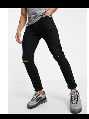 Topman mens stretch skinny distressed jean 32x30 black button fly